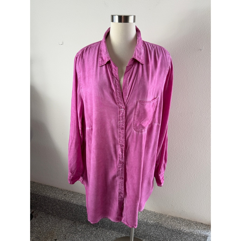 Velvet Heart Womens Plus 2X Pink Rayon Button Up Shirt Roll Tab Sleeve Tunic Top